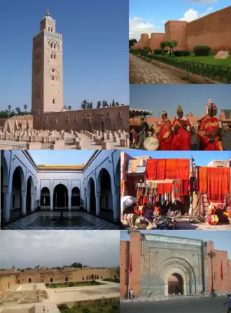 De cima para baixo e da esquerda para a direita: 1)&nbsp;minarete da Mesquita Cutubia; 2)&nbsp;muralhas da almedina; 3)&nbsp;músicos Gnaoua na praça Jemaa el-Fna; 4)&nbsp;palácio da Bahia; 5)&nbsp;tapetes à venda num soco; 6)&nbsp;palácio el Badi; 7)&nbsp; exterior da porta Bab Agnaou