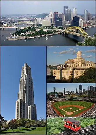 Do topo, da esquerda para a direita: panorama de Pittsburgh; Cathedral of Learning na Universidade de Pittsburgh; Universidade Carnegie Mellon; PNC Park e Duquesne Incline.