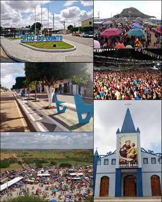 Do topo, em sentido horário: Praça Eliane Pimentel na entrada da cidade; Romaria da Santa Cruz do Serrote; Festa do Padroeiro Santo Antônio; Paróquia Santo Antônio de Pádua; Vista da Romaria da Santa Cruz do Serrote e Avenida Antônio Marques do Nascimento.