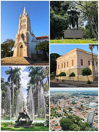 Da esquerda para a direita: Igreja matriz de São Sebastião, Fonte dos Amores, Escultura "Os Fundadores", de Bruno Giorgi; Casarão histórico de 1898, "Barão do Café", e vista panorâmica de Mococa.