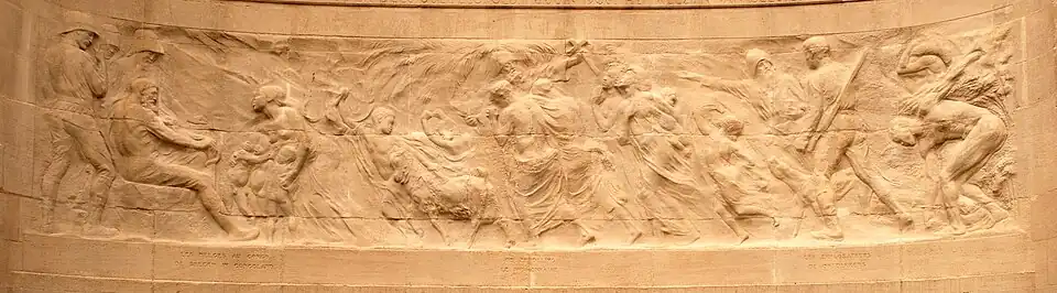 Friso «&nbsp;Os belgas no Congo&nbsp;»(Monumento aos pioneiros belgas no Congo, Parque do Cinquentenário, Bruxelas).