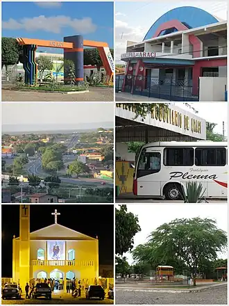 De cima em sentido horário: Portal da cidade, Câmara municipal, Trecho urbano da Rodovia Santos Drumont, Terminal rodoviário, Igreja Católica matriz, Praça Monsenhor Carlos Olímpio.