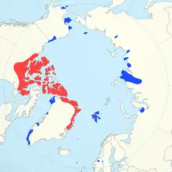 Distribuição do boi-almiscarado &nbsp;&nbsp;&nbsp;&nbsp;&nbsp;Áreas de origem &nbsp;&nbsp;&nbsp;&nbsp;&nbsp;Reintroduzido