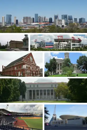 De cima para baixo, da esquerda para a direita: o horizonte de Nashville, o Parthenon, o Nissan Stadium, o Ryman Auditorium, o Capitólio do Estado do Tennessee, o Wyatt Centre da Vanderbilt University, o First Tennessee Park e a Bridgestone Arena