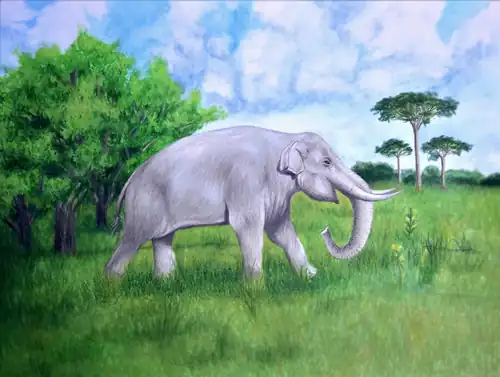 um notiomastodon platensis em uma paisagem savânica verdejante