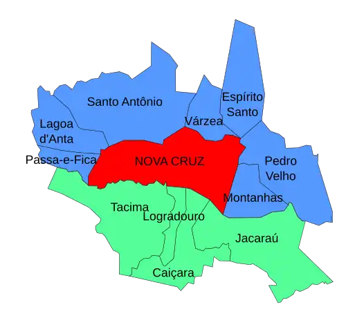 Em azul, municípios do Rio Grande do Norte e, em verde, da Paraíba