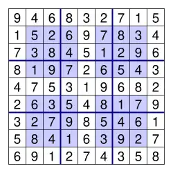 The previous puzzle, solved with numbers in the blanks spaces.