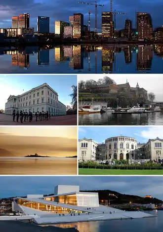 Compilação de imagens da cidade de Oslo: Bjørvika (centro financeiro), Palácio Real, Marina, Ilha de Gressholmen, Storting (parlamento norueguês), Ópera de Oslo