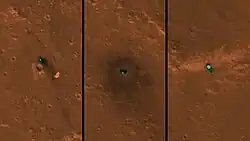 Três imagens registradas pela câmera HiRISE, da sonda Mars Reconnaissance Orbiter. Da esquerda para a direita: os paraquedas, a sonda, e o escudo de proteção da InSight.