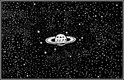 Xilogravura. No centro, o planeta Saturno com faixas brancas e cinza alternadas. Ao seu redor, os anéis em formato elíptico, duas elipses concêntricas com uma faixa negra entre elas. Quatro pontos brancos à direita, três pontos brancos abaixo à esquerda do planeta e um ponto branco, maior, no canto superior esquerdo