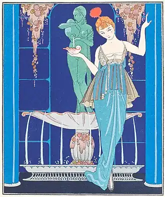 Ilustração de Georges Barbier de um vestido de Paquin (1914). Desenhos florais estilizados e cores brilhantes eram uma característica do início da Art Déco