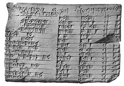 Clay tablet with markings, three columns for numbers and one for ordinals