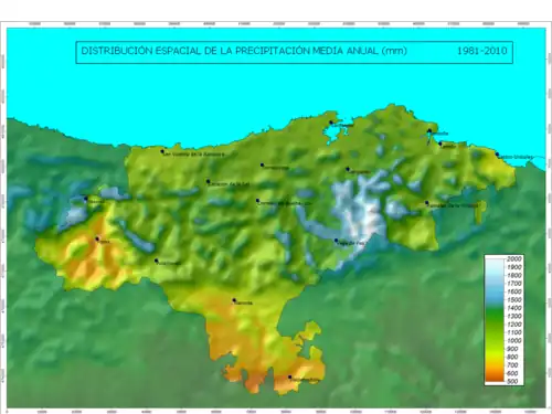 Distribuição espacial da precipitação média anual na Cantábria