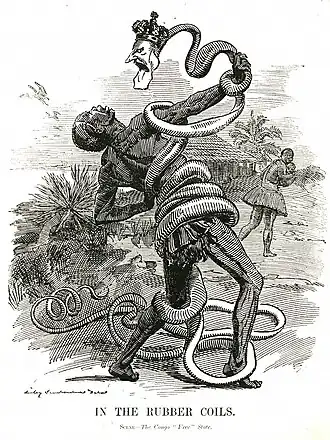 Caricatura de 1906, publicada na revista Punch, retrata Leopoldo II como uma serpente de borracha enredando um seringueiro congolês