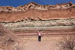 Pessoa de braços abertos em frente a uma formação sedimentar com cores terrosas em um ambiente desértico.