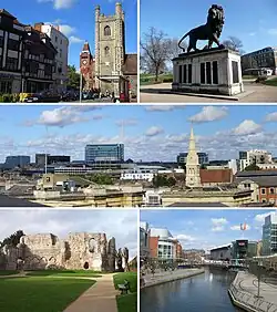The Oracle, Centro da cidade e St Laurence's Church, horizonte de Reading West, Abadia de Reading e o Festival de Reading