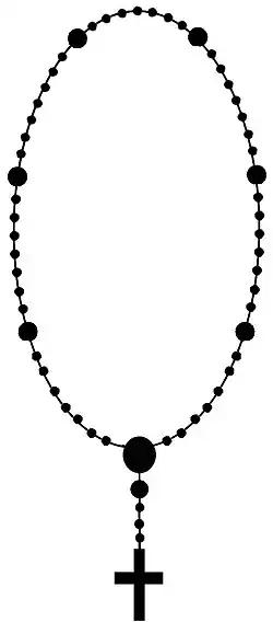 Representação de um Rosário das Sete Dores, traço simples em preto, com entremio e as contas do Pai-nosso maiores; fundo branco