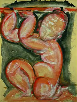 Pintura de uma figura feminina agachada, braços e cabeça levantados segurando algo como um tabuleiro