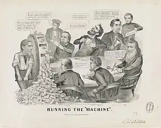 A group of men sitting at a table as another man creates money on a wooden machine.