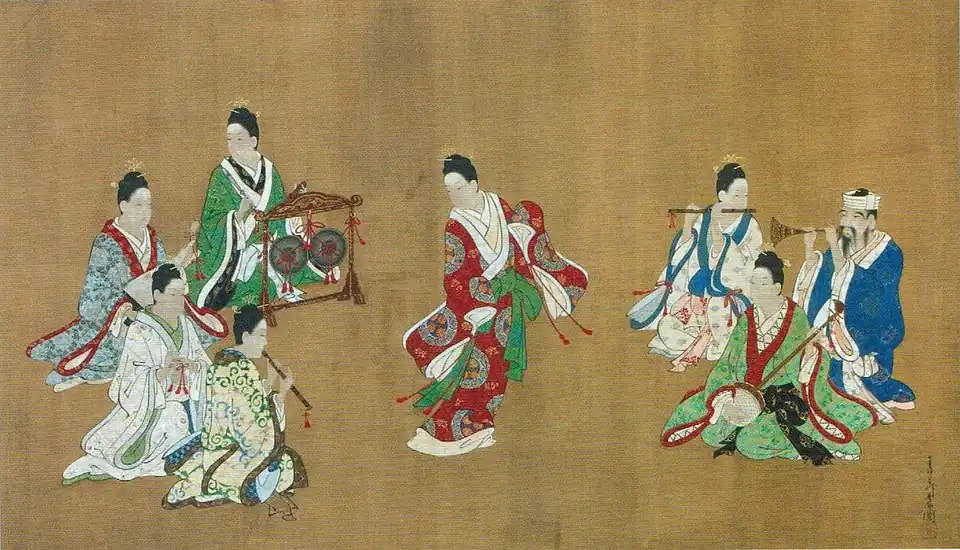 Gravura em seda retratando uma performance musicalChōshun, c. 1718