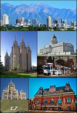Do topo, da esquerda para a direita: Panorama em julho de 2011, Templo de Salt Lake, Capitólio do Estado de Utah, UTA Trax, City and County Building, Union Pacific Depot e o Block U