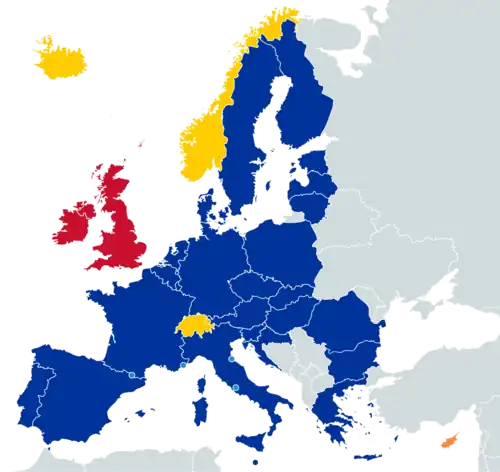 labelled map of Europe showing Schengen Area