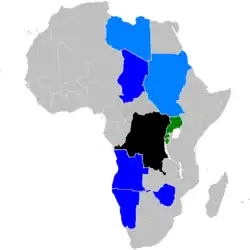 Beligerantes da Segunda Guerra do Congo:Preto - República Democrática do CongoVerde - coalizão anti-R.D. do Congo Azul escuro - coalizão pró-R.D. do Congo Azul claro - Aliados da R.D. do Congo, não diretamente envolvidos na guerra.
