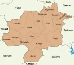 Mapa dos distritos da província de Sivas