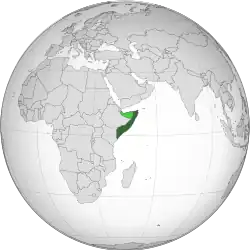 Área controlada pela Somália mostrada em verde escuro; a Somalilândia (em verde claro) é reivindicada, mas não controlada (Estado autodeclarado, mas não reconhecido).
