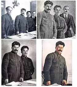 Fotografia retocada onde imagens de políticos são retiradas. A imagem de Kirov é removida, restando apenas a de Stalin (ver: Falsificações de fotografias na União Soviética).