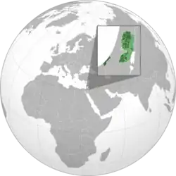 Territórios controlados por palestinos (ANP e Hamas) em verde escuro; territórios reivindicados por palestinos, mas controlados por Israel, em verde claro