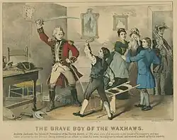 Sketch of a soldier preparing to strike a boy with a sword. The boy holds out his arm in self-defense.