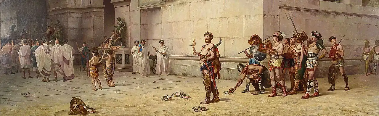 O Imperador Cómodo Deixando a Arena à Frente dos Gladiadores (detalhe) por Edwin Blashfield (1848-1936), Hermitage Museum and Gardens, Norfolk, Virginia.