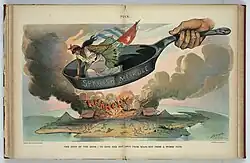 Essa caricatura foi publicada no contexto da Guerra Hispano‑Americana (1898), quando jornais e revistas nos EUA, usaram imagens dramáticas para justificar, persuadir e moldar a opinião pública a favor da intervenção americana em Cuba, retratando a ilha como vítima do “desgoverno espanhol” e da “anarquia” interna.
