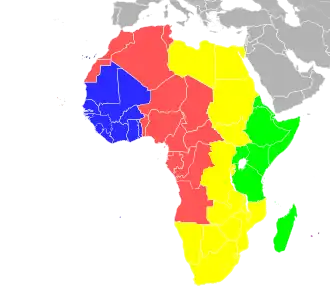 Mapa da África indicando os países por fuso horário.