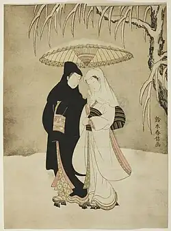 Dois amantes na neve debaixo do guarda-chuvaMitate de Harunobu, c. 1767