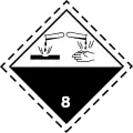 A rhombic-shaped label with letters 8 and "corrosive", indicating that drops of a liquid corrode materials and human hands.