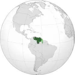 Localização da Venezuela em verde escuro; área reivindicada pelos venezuelanos no território da Guiana em verde claro.