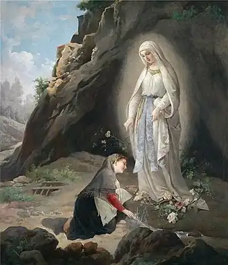 Pintura que retrata a aparição da Virgem Maria a Bernadette Soubirous em Lourdes