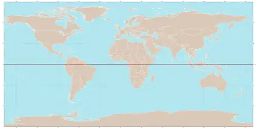 Mapa-múndi mostrando a linha do Equador traçado a vermelho.