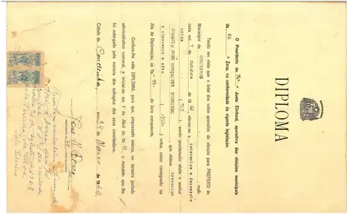 Documento oficial da diplomação do primeiro prefeito de Cordeiros