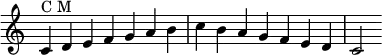 
{
\override Score.TimeSignature #'stencil = ##f
\relative c'
 {
  \clef treble \key c \major \time 7/4
  c4^\markup "C M" d e f g a b c b a g f e d c2
 }
}

