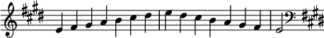  {
\override Score.TimeSignature #'stencil = ##f
\relative c' {
  \clef treble \key e \major \time 7/4 e4 fis gis a b cis dis e dis cis b a gis fis e2
  \clef bass \key e \major
} }
