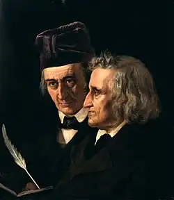 Jacob (primeiro plano, à direita) e Wilhelm Grimm.