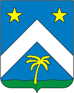 Em campo azul, uma asna de prata acompanhada, em chefe, de duas estrelas de ouro e em ponta, de uma palmeira do mesmo, posta em um monte de sinople. Divisa: Consilium in providendo, celeritas in conficiendo.