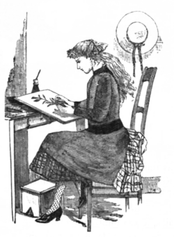 Desenho a preto e branco de uma menina sentada a uma secretária a desenhar