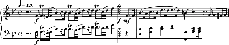 
\new PianoStaff <<
   \new Staff \relative c' {
      \key bes \major \time 4/4 \tempo 4 = 120

      r2. f16\noBeam\f f8\trill[ e32( f32]
      bes8-)[ r16 bes16]
         bes8.\trill_[ a32( bes32]
         d8-)[ r16 d16]
         d8.\trill[ c32( d32]
      f4) <bes, d f bes>2\f
         f8.\mf f16
      bes8.[( a16 c8. bes16]
         ees8.[ d16 ees8. d16)]

     b4( c4) r8. g16 g8 fis16 g16
   }
   \new Staff \relative c {
      \clef bass \key bes \major 

      r2. f16\noBeam\f f8\trill[ e32( f32]
      bes8-)[ r16 bes16]
         bes8.\trill_[ a32( bes32]
         d8-)[ r16 d16]
         d8.\trill[ c32( d32]
      f4 <bes,, d f bes>2
         r4
      <bes' d,>4
        <f c'>4
        <bes d>4
        <c es>4
     <f,, f'>4
        <f' a c>8.[
        <f a c>16]
   }
>>
