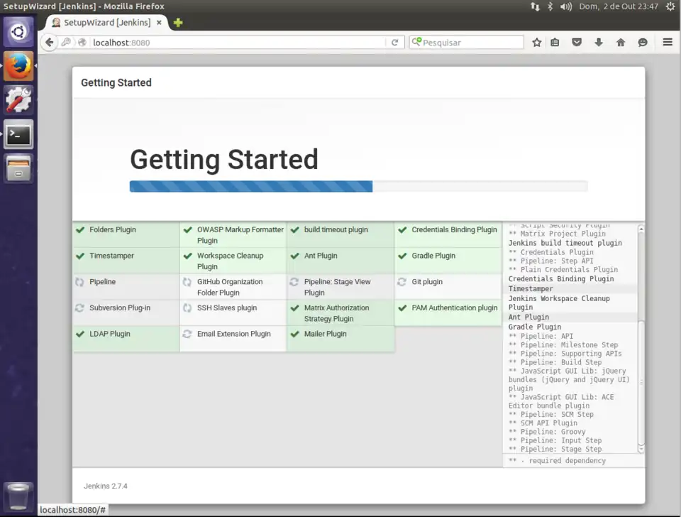 Tela de instalação de Plug-ins do Jenkins