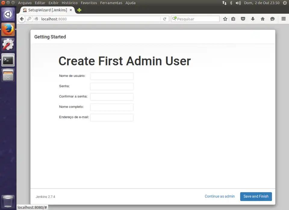 Tela de criação do usuário Admin no Jenkins
