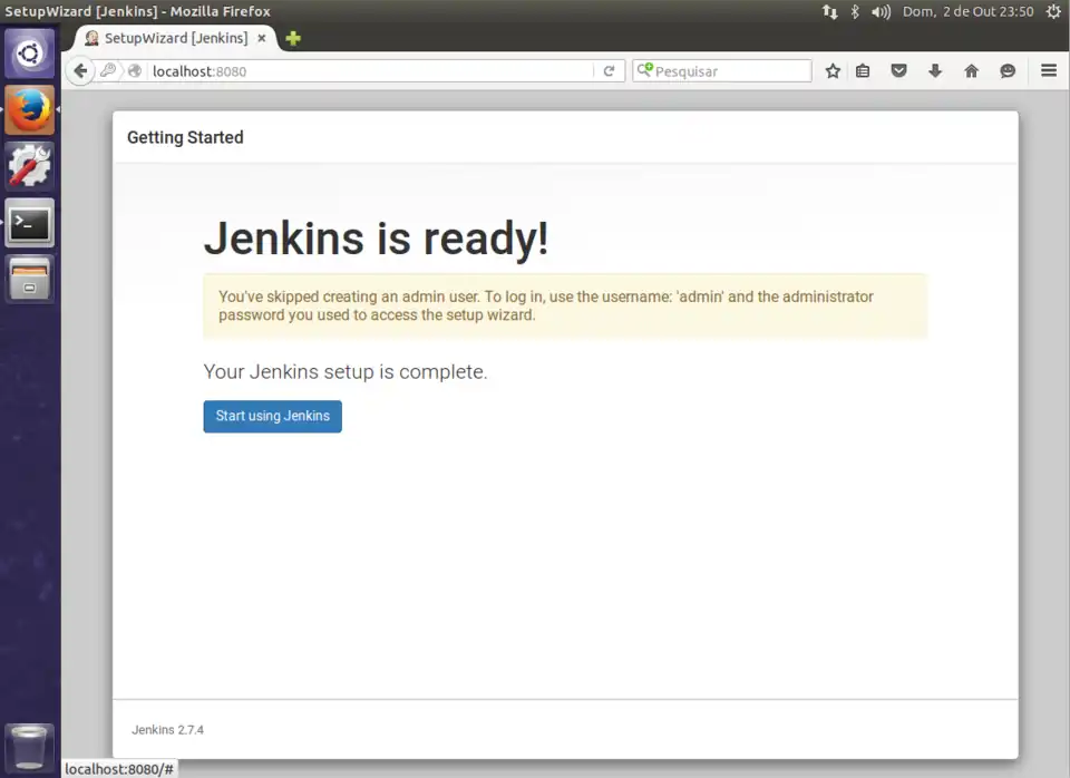Tela final de instalação do Jenkins